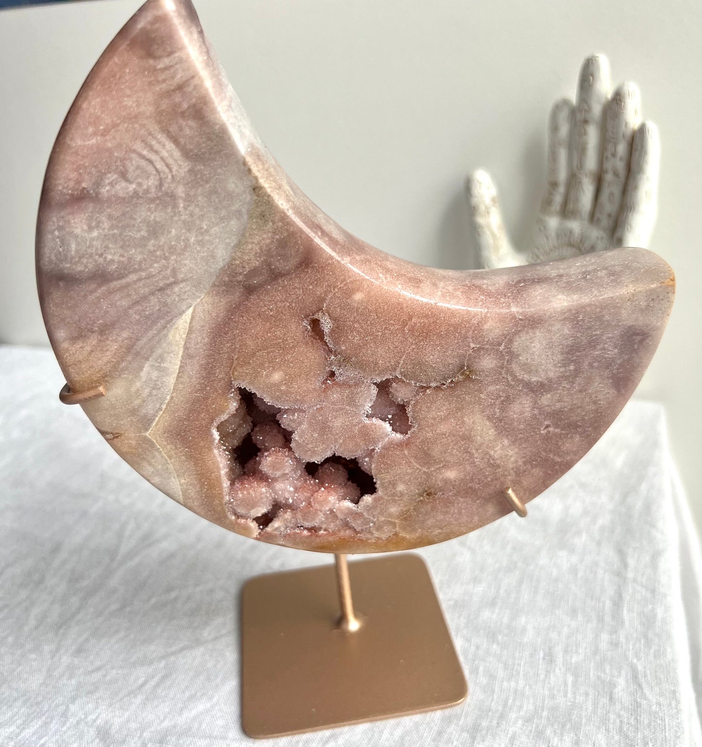 Gorgeous Large Druzy Pink Amethyst Crescent Moon with Display Stand from Brazil