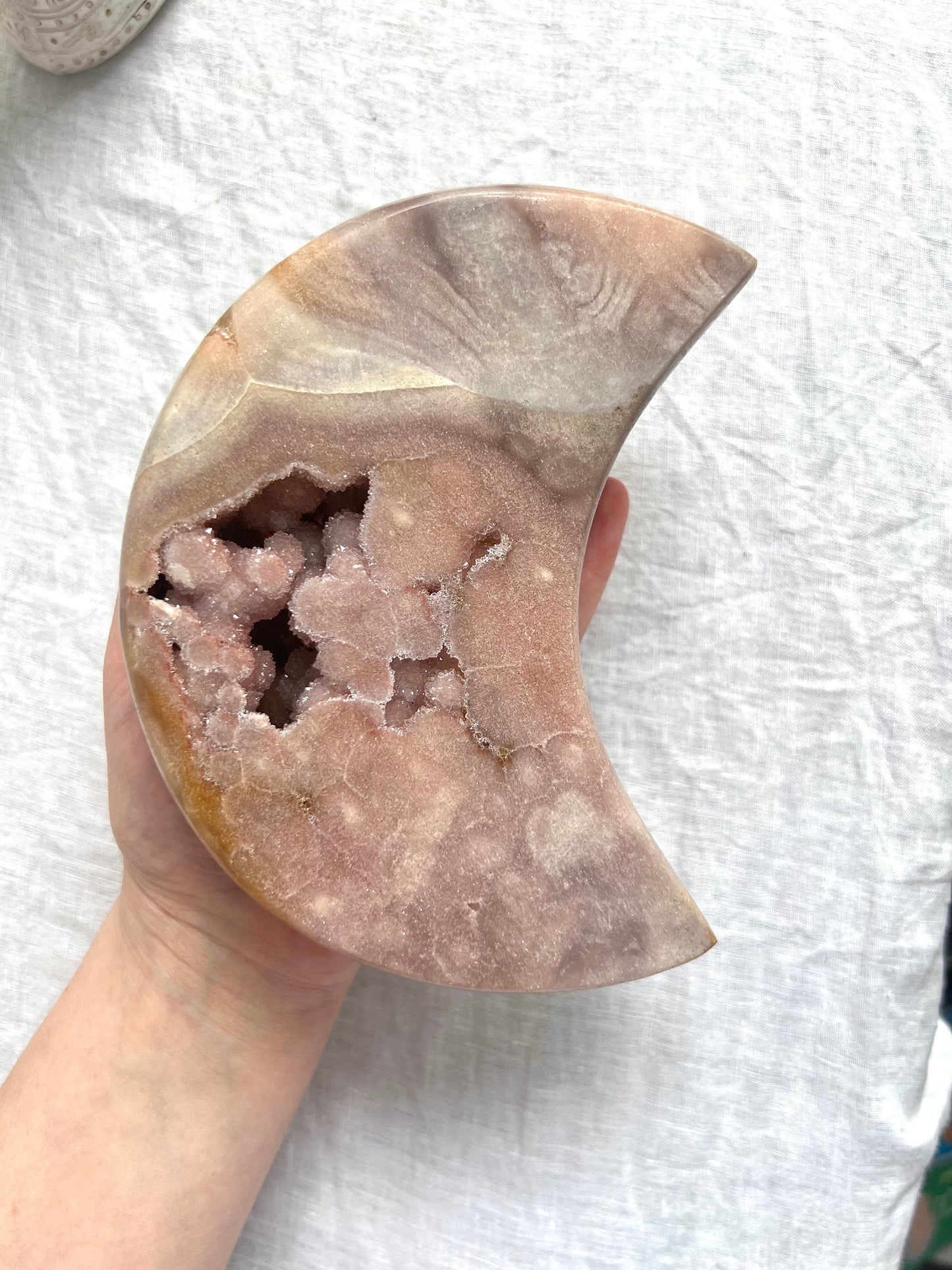 Gorgeous Large Druzy Pink Amethyst Crescent Moon with Display Stand from Brazil