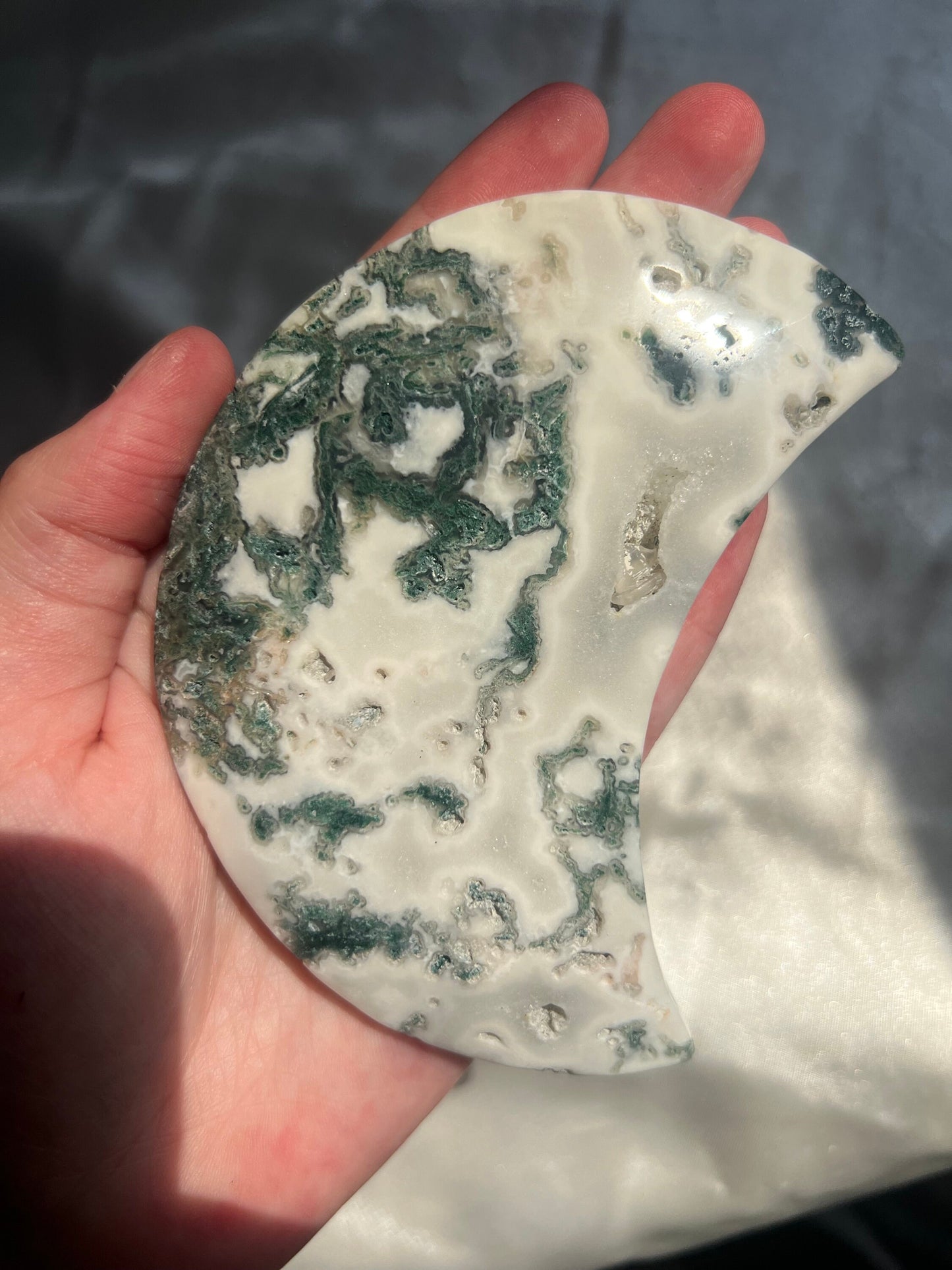 Gorgeous Moss Agate Crescent Moon with Display Stand