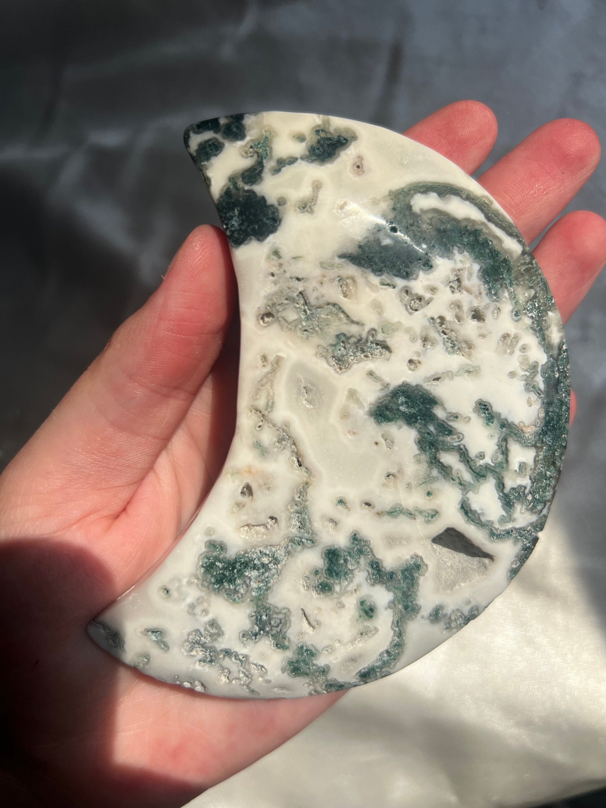 Gorgeous Moss Agate Crescent Moon with Display Stand
