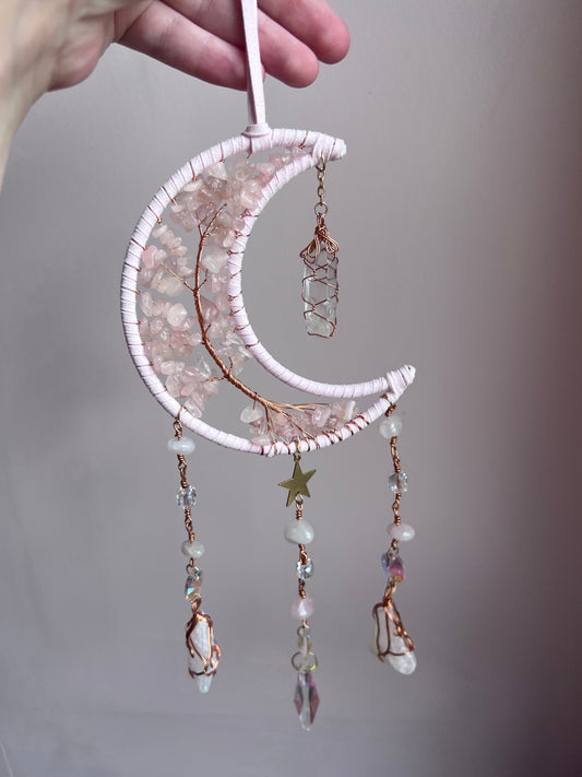Crescent Moon Crystal Suncatcher | Rose Quartz and Clear Quartz Suncatcher
