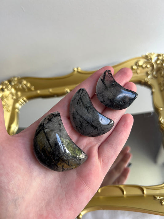 Tourmaline in Quartz Crescent Moon Carvings | Tourmalated Quartz Moons