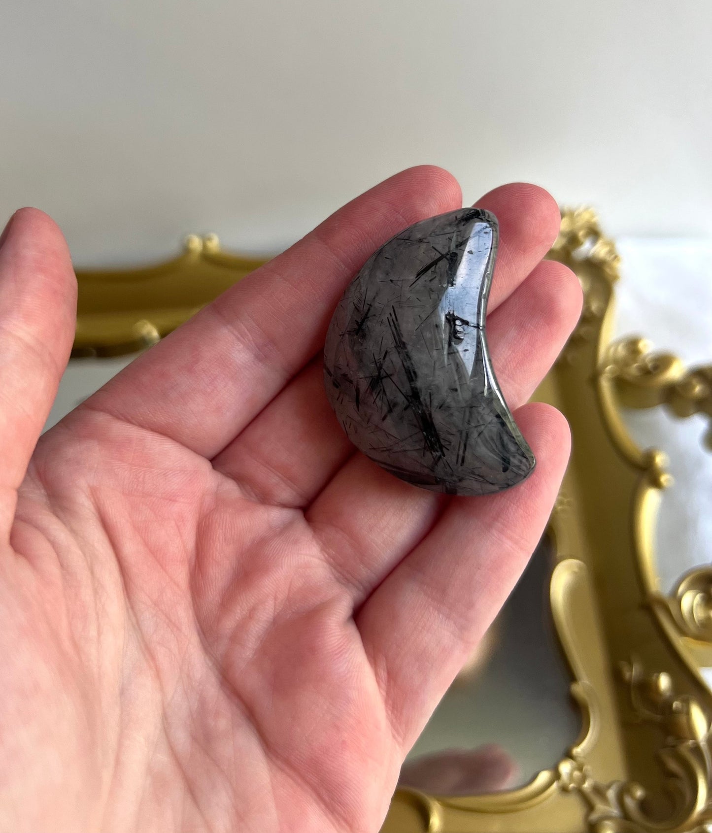 Tourmaline in Quartz Crescent Moon Carvings | Tourmalated Quartz Moons