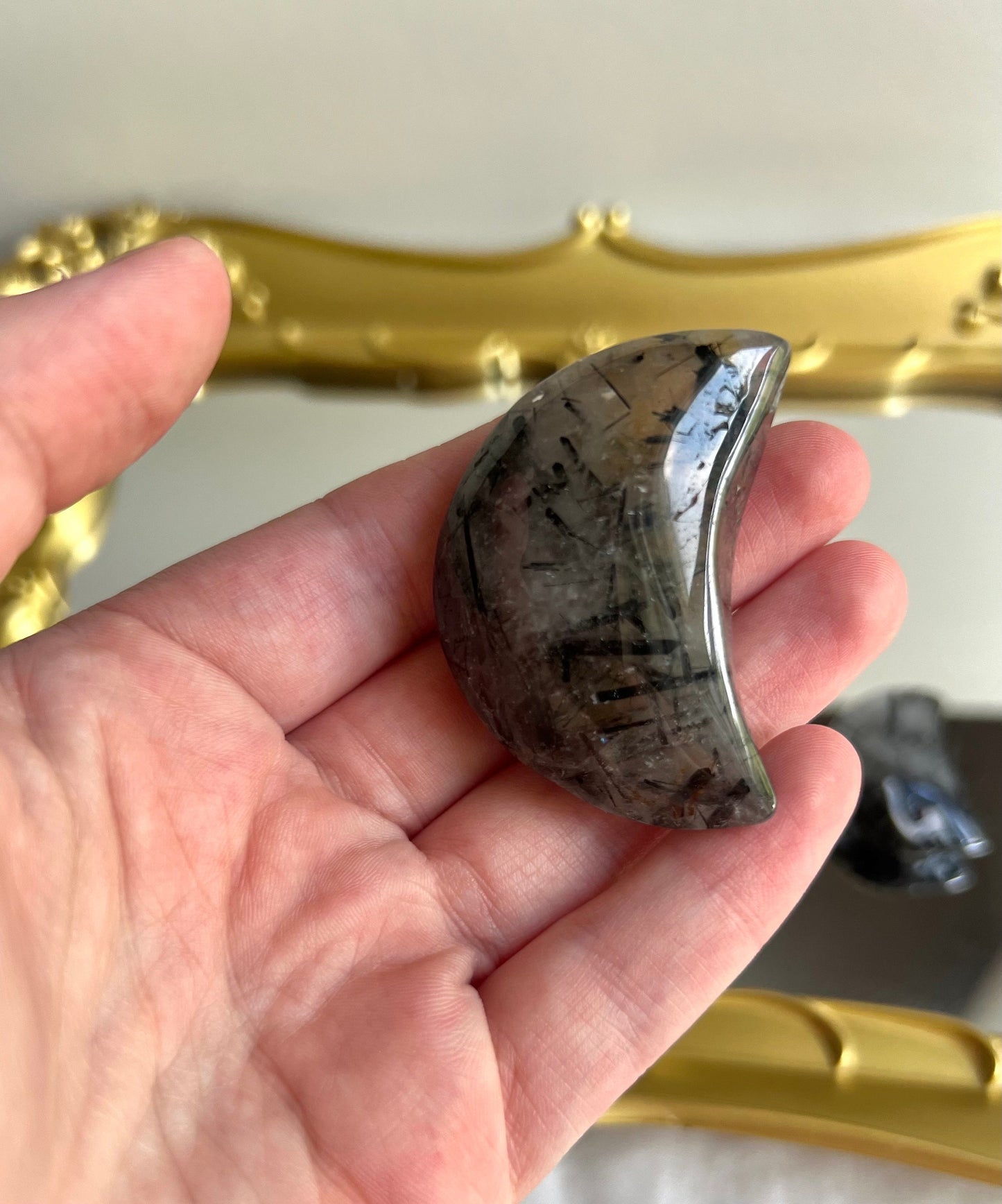 Tourmaline in Quartz Crescent Moon Carvings | Tourmalated Quartz Moons