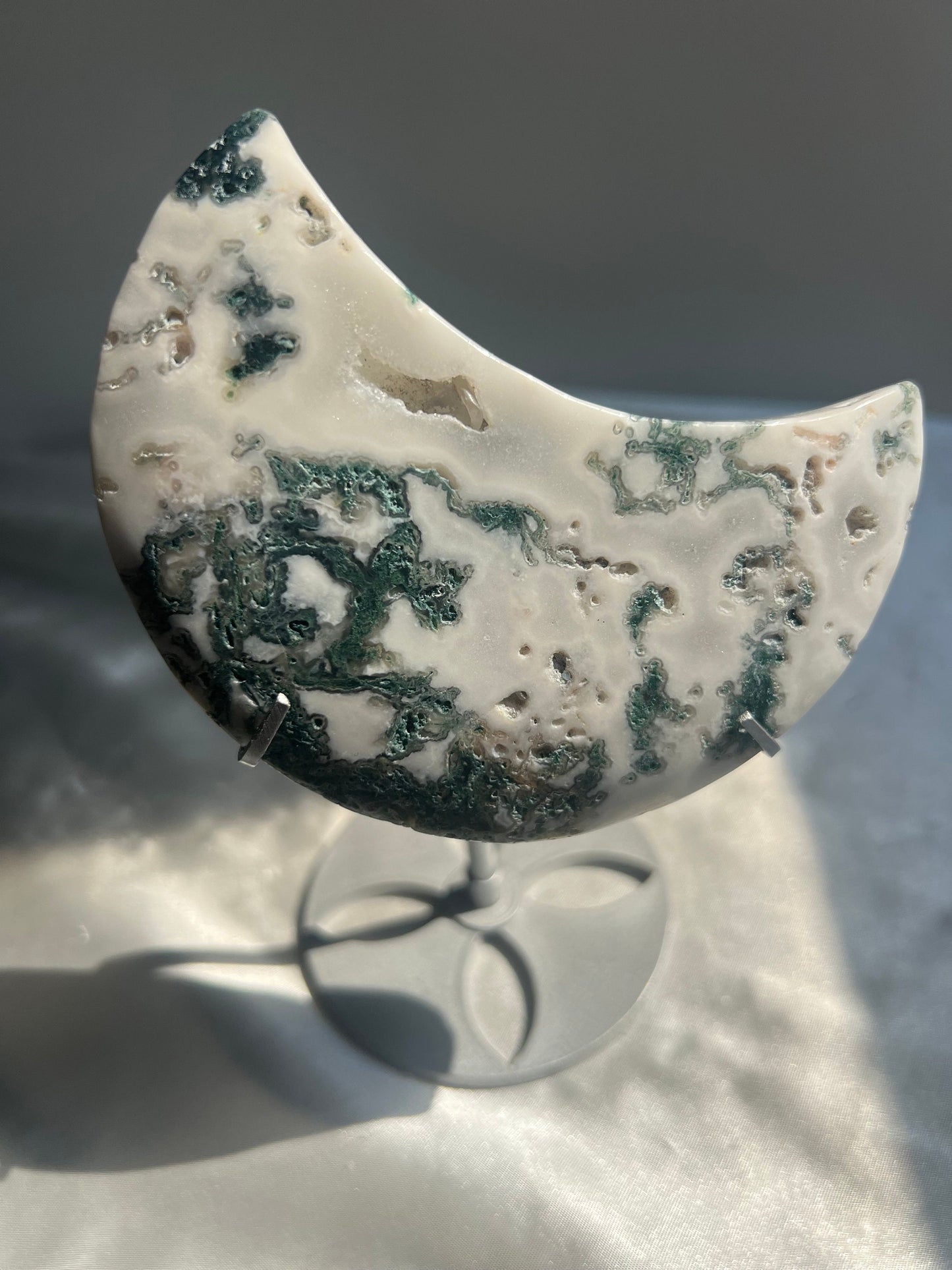 Gorgeous Moss Agate Crescent Moon with Display Stand