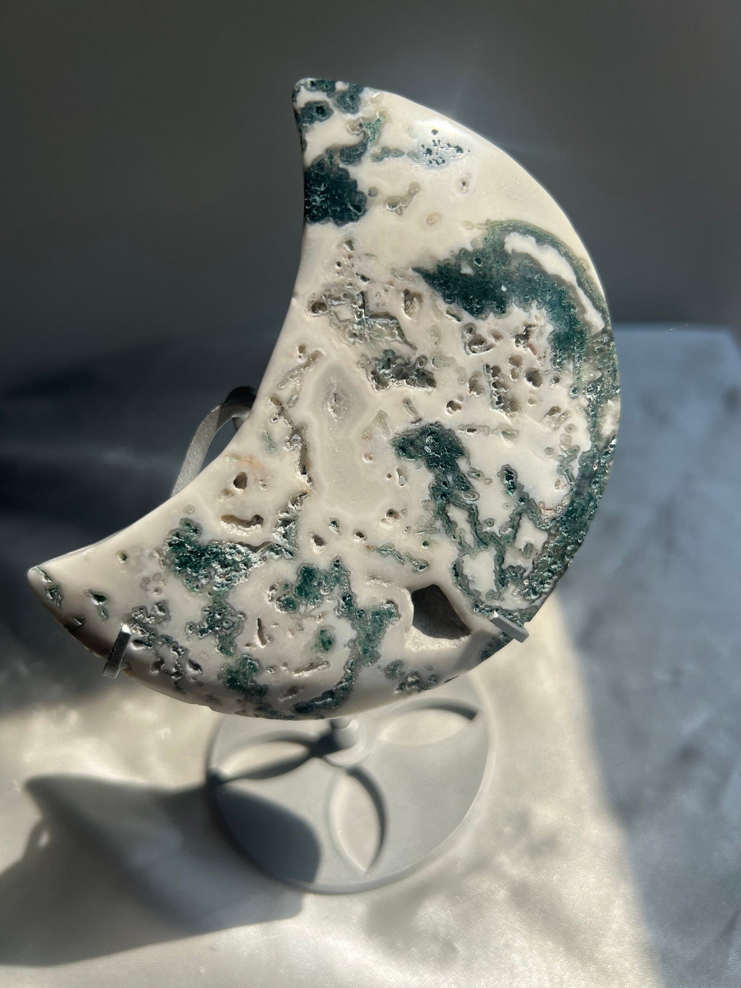 Gorgeous Moss Agate Crescent Moon with Display Stand