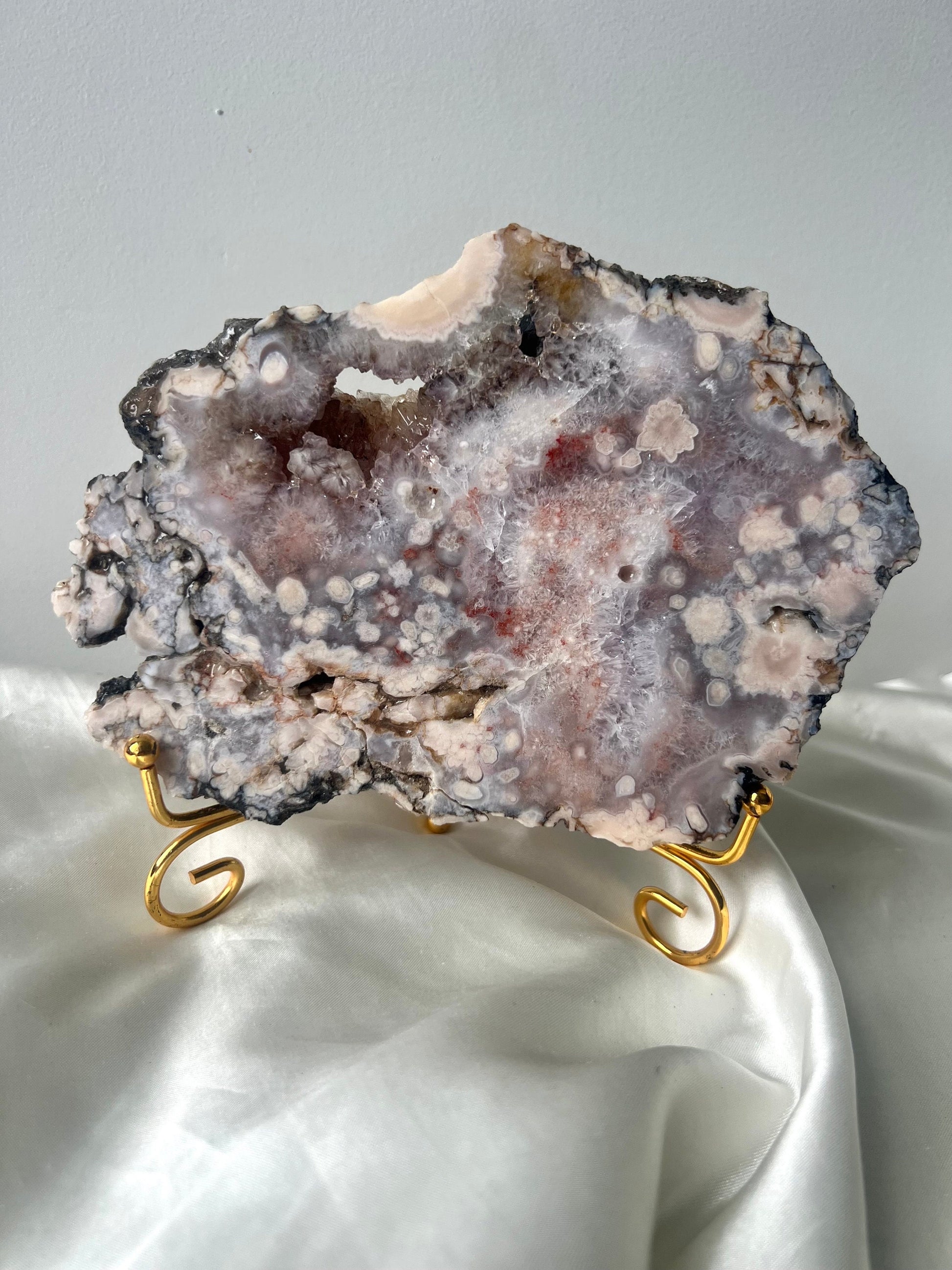 Gorgeous Pink Amethyst with Flower Agate Slab from Brazil with Display Stand