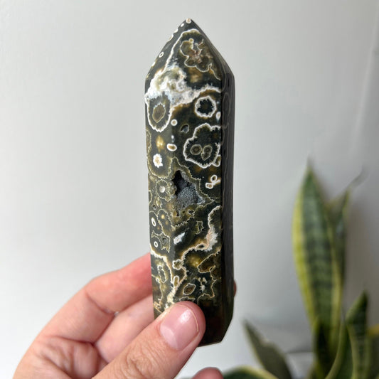 Stunning Veinless Ocean Jasper Tower from Madagascar with Druzy Pocket| Ocean Jasper Obelisk
