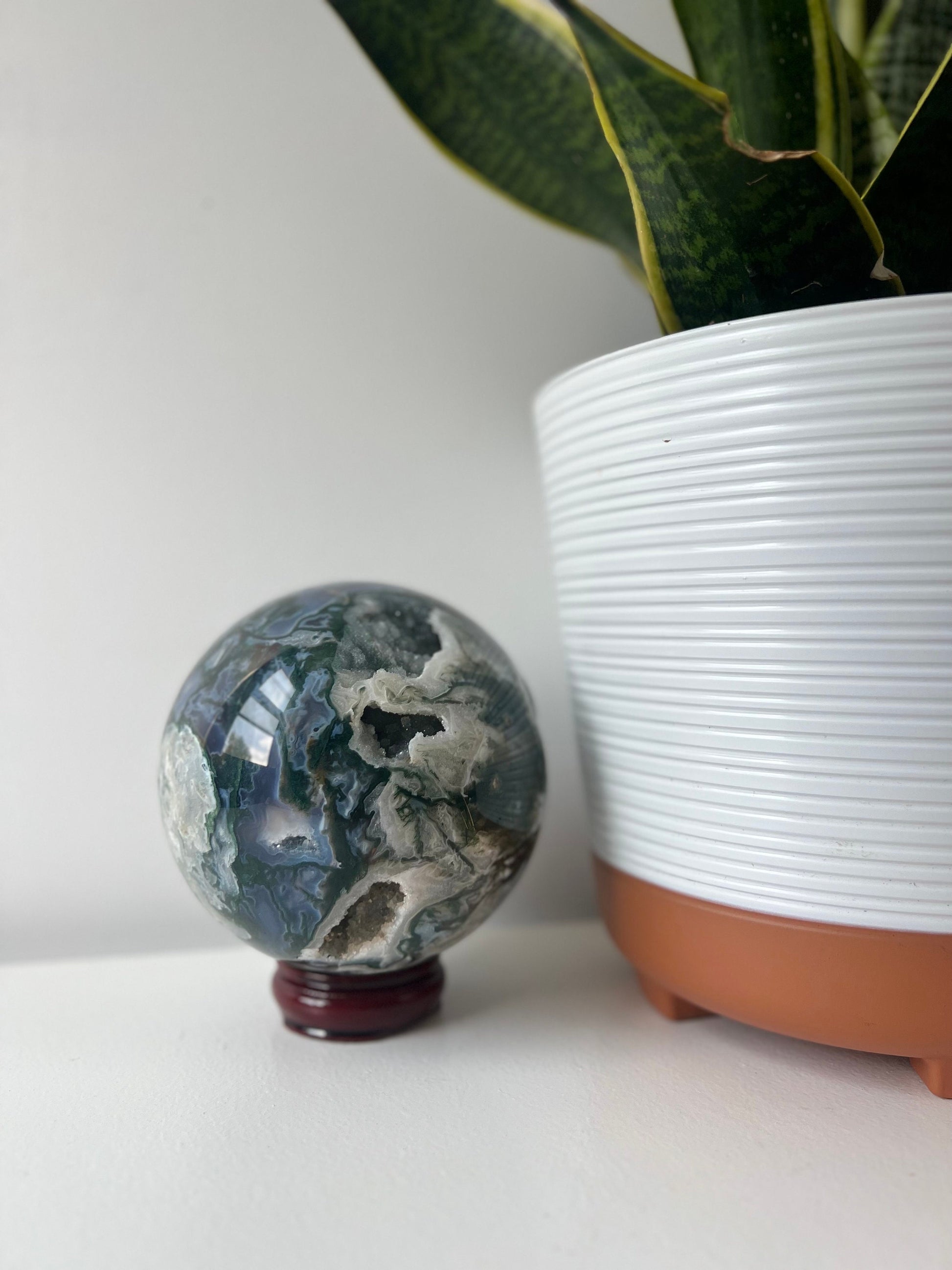 XL Gorgeous Druzy Moss Agate Sphere 3.373kg 120mm Moss Agate Crystal Ball