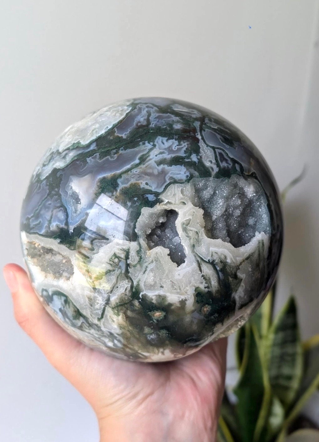 XL Gorgeous Druzy Moss Agate Sphere 3.373kg 120mm Moss Agate Crystal Ball