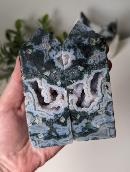 Druzy Moss Agate Twin Towers | Pair (x2) Moss Agate Obelisks with Druzy