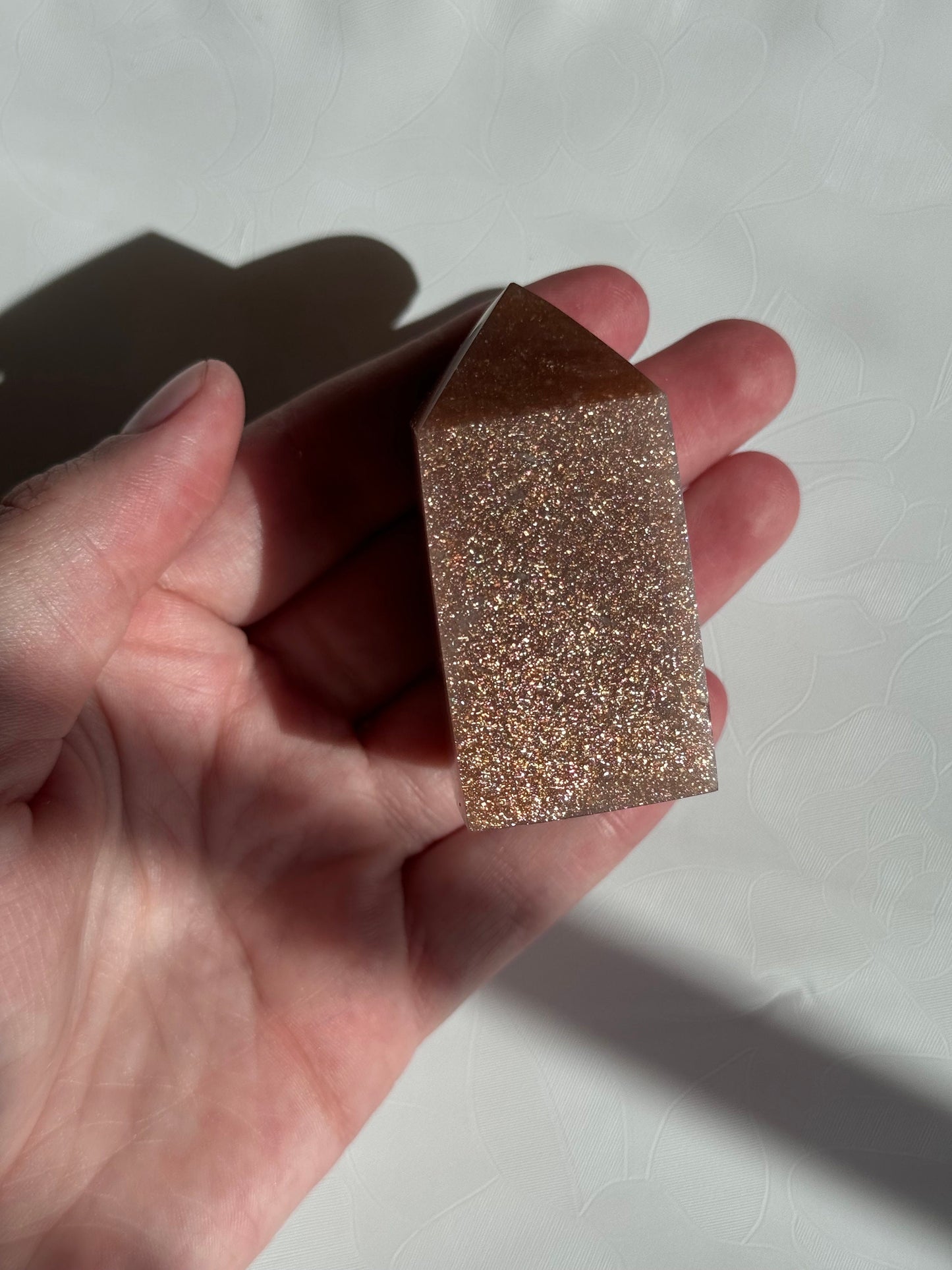 Gorgeous Flashy Peach Moonstone with Sunstone Tower | Small Peach Moonstone Obelisk