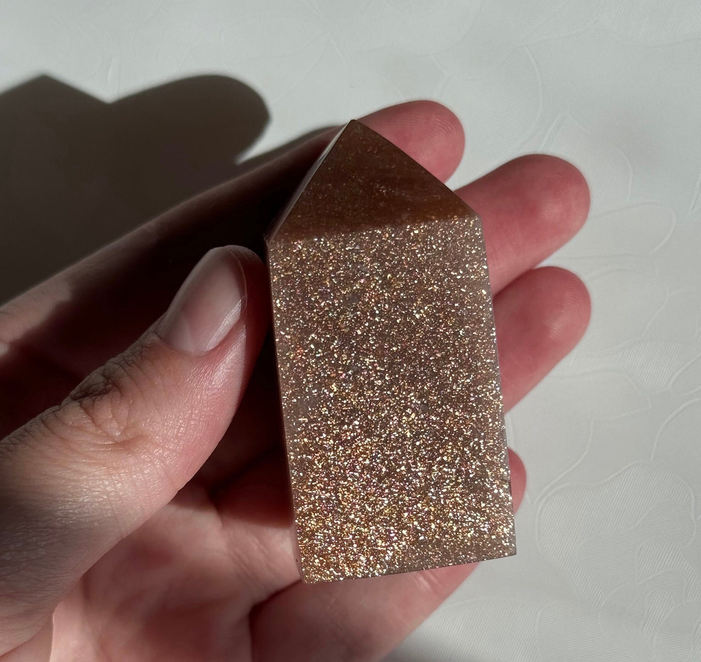 Gorgeous Flashy Peach Moonstone with Sunstone Tower | Small Peach Moonstone Obelisk