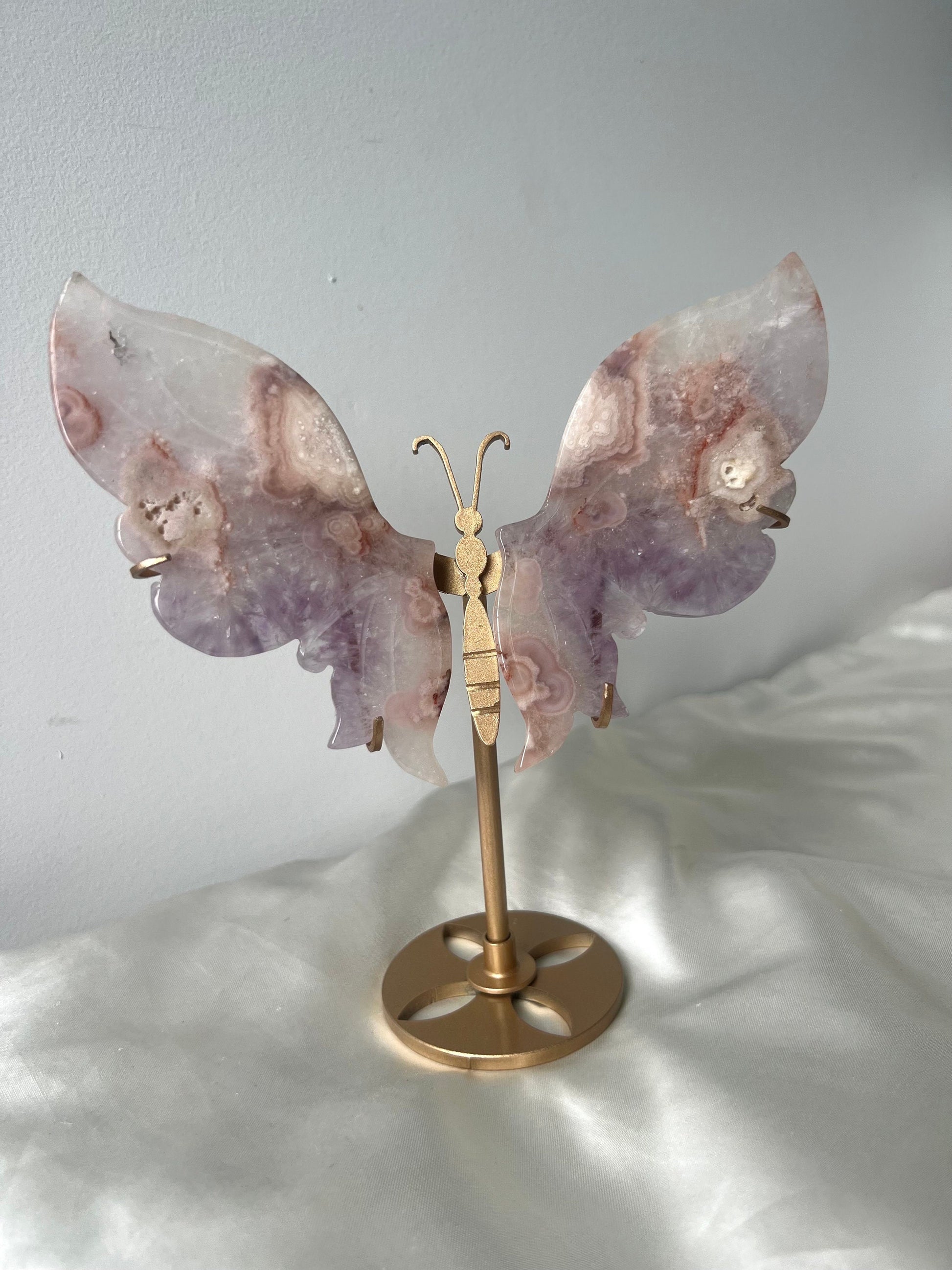 Beautiful Pink Amethyst with Flower Agate Butterfly Wings with Display Stand from Brazil