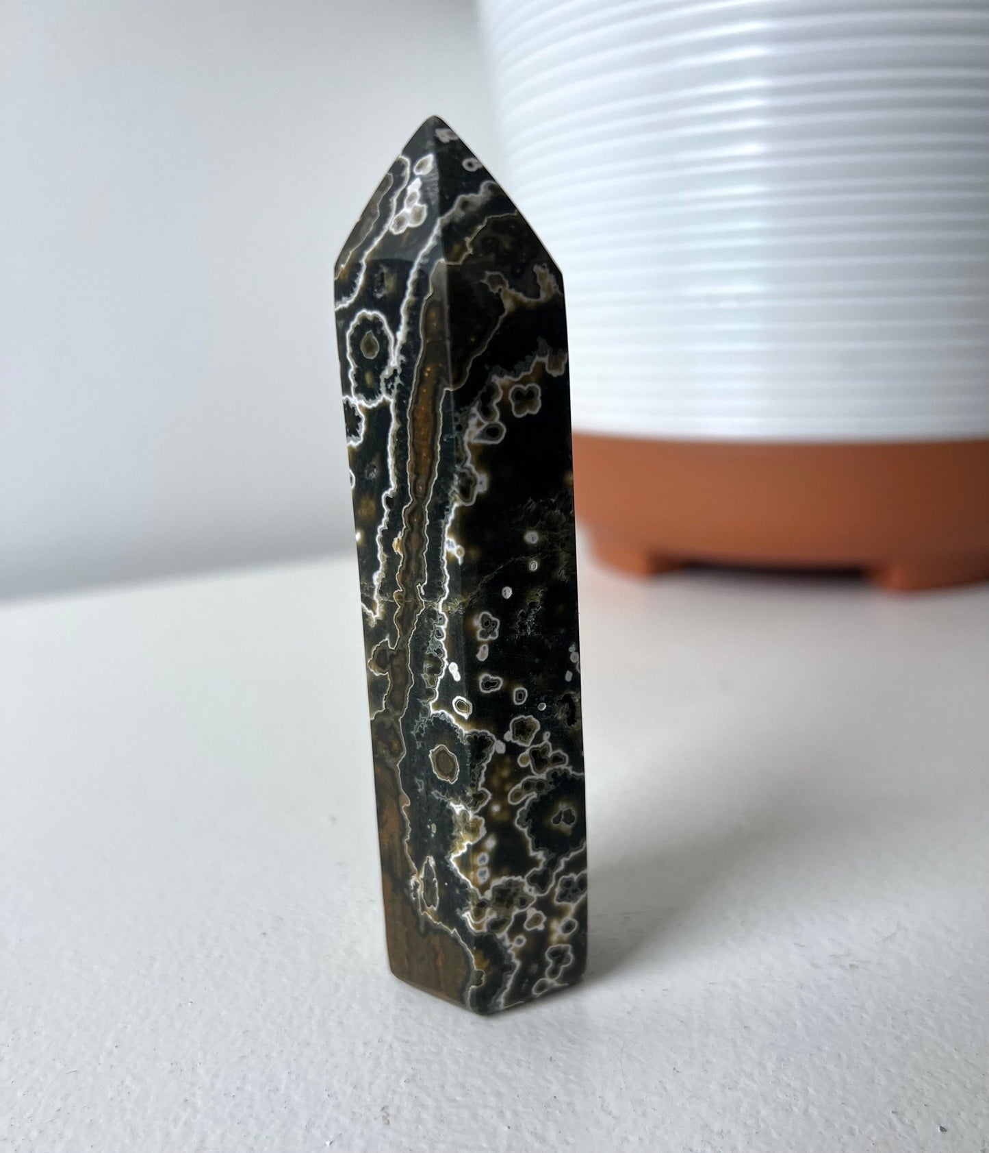 Stunning Veinless Ocean Jasper Tower from Madagascar with Druzy Pocket| Ocean Jasper Obelisk