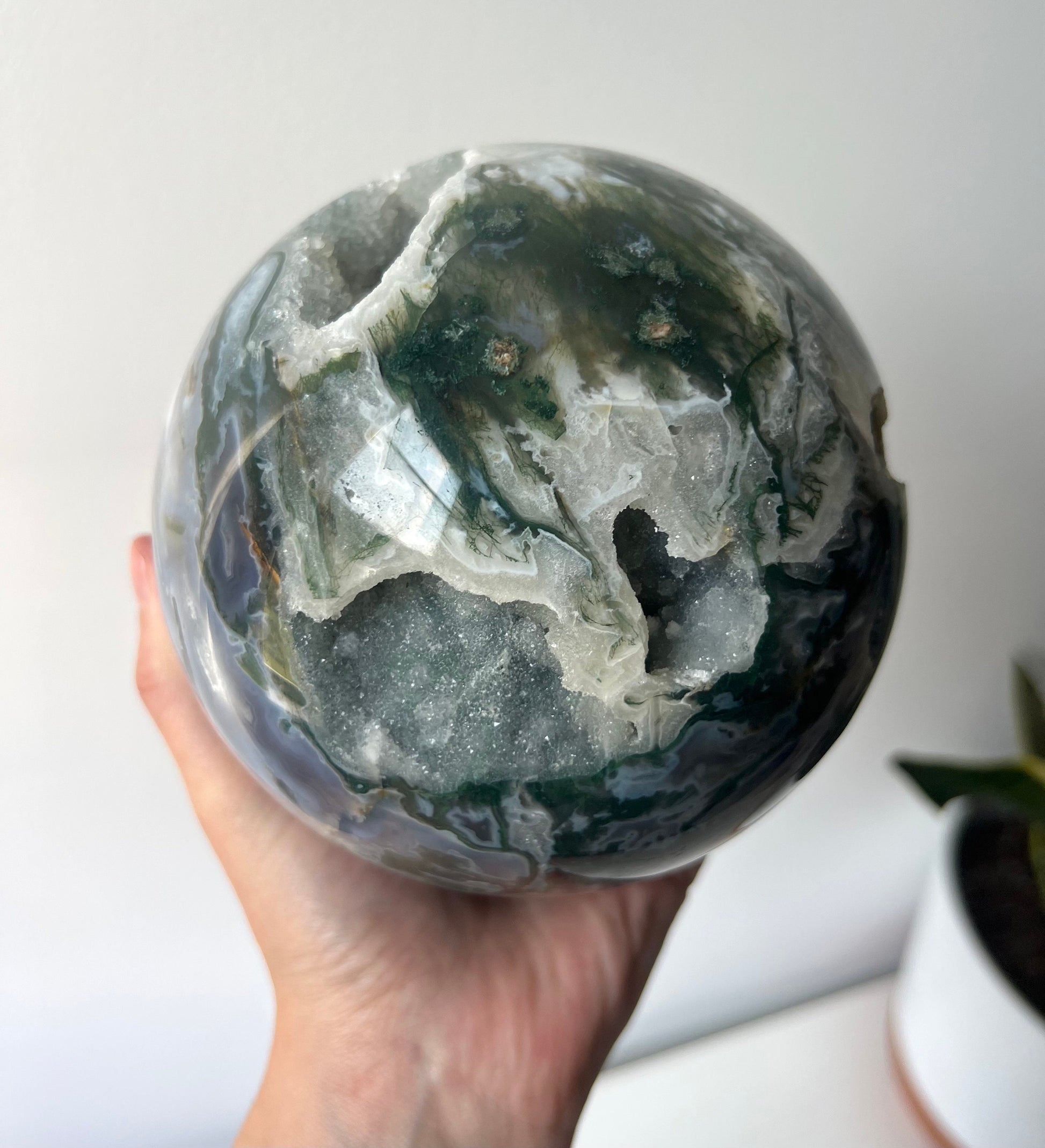 XL Gorgeous Druzy Moss Agate Sphere 3.373kg 120mm Moss Agate Crystal Ball