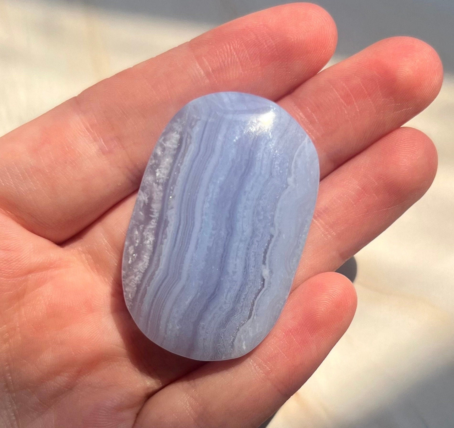 Beautiful Blue Lace Agate Palm Stone from South Africa | Blue Lace Agate Pebble
