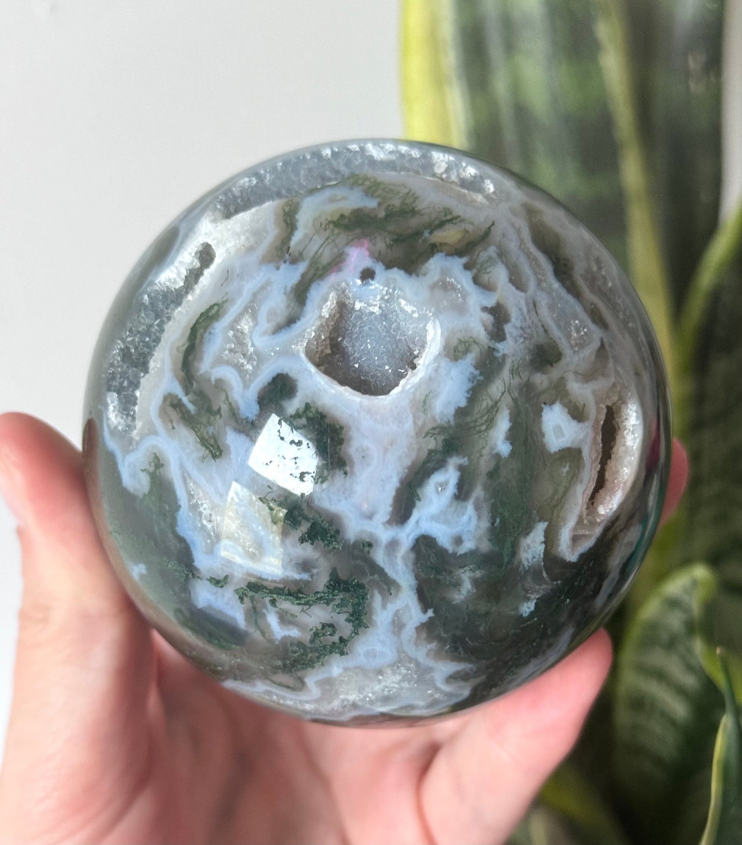 Beautiful Druzy Moss Agate Sphere 80mm | Moss Agate Crystal Ball