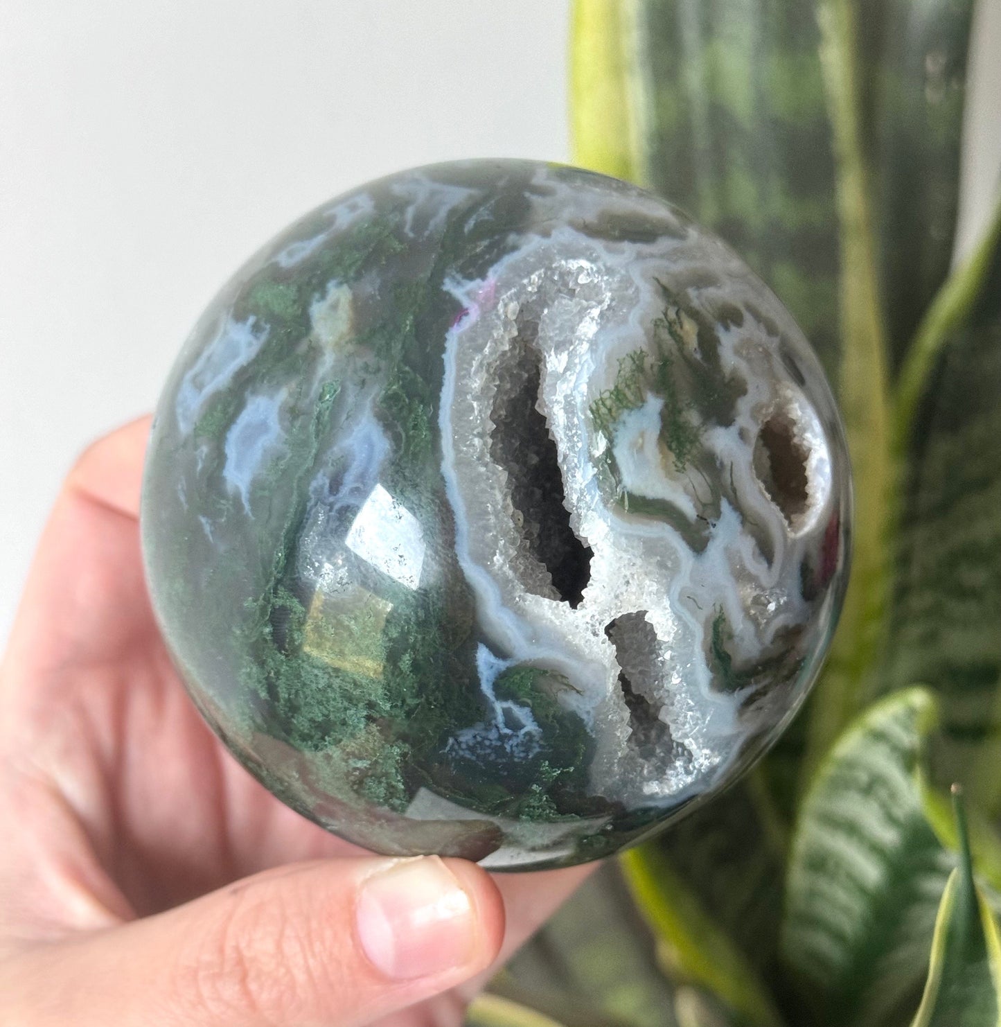 Beautiful Druzy Moss Agate Sphere 80mm | Moss Agate Crystal Ball