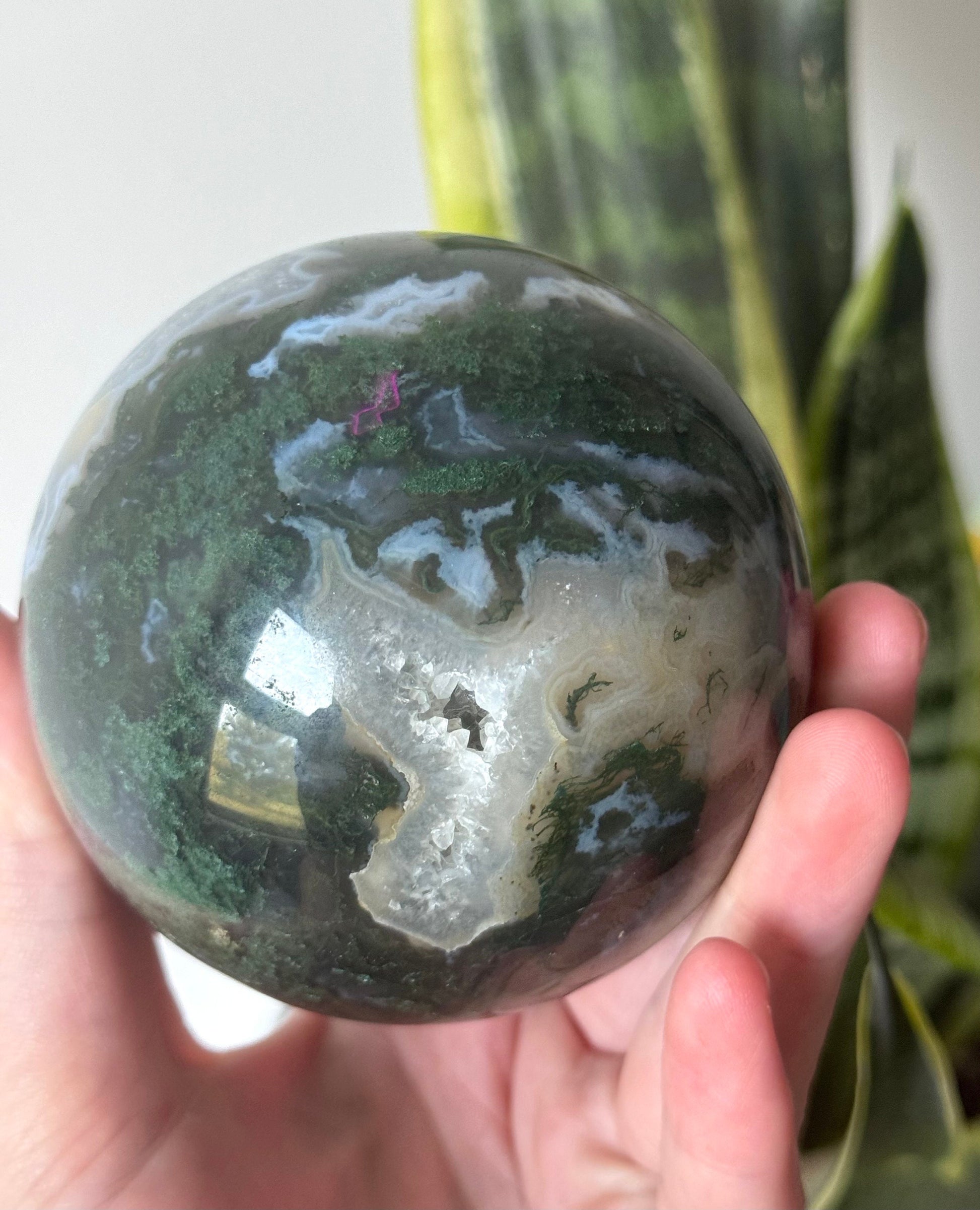 Beautiful Druzy Moss Agate Sphere 80mm | Moss Agate Crystal Ball