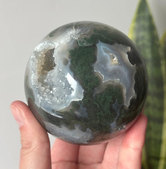 Beautiful Druzy Moss Agate Sphere 76mm | Moss Agate Crystal Ball