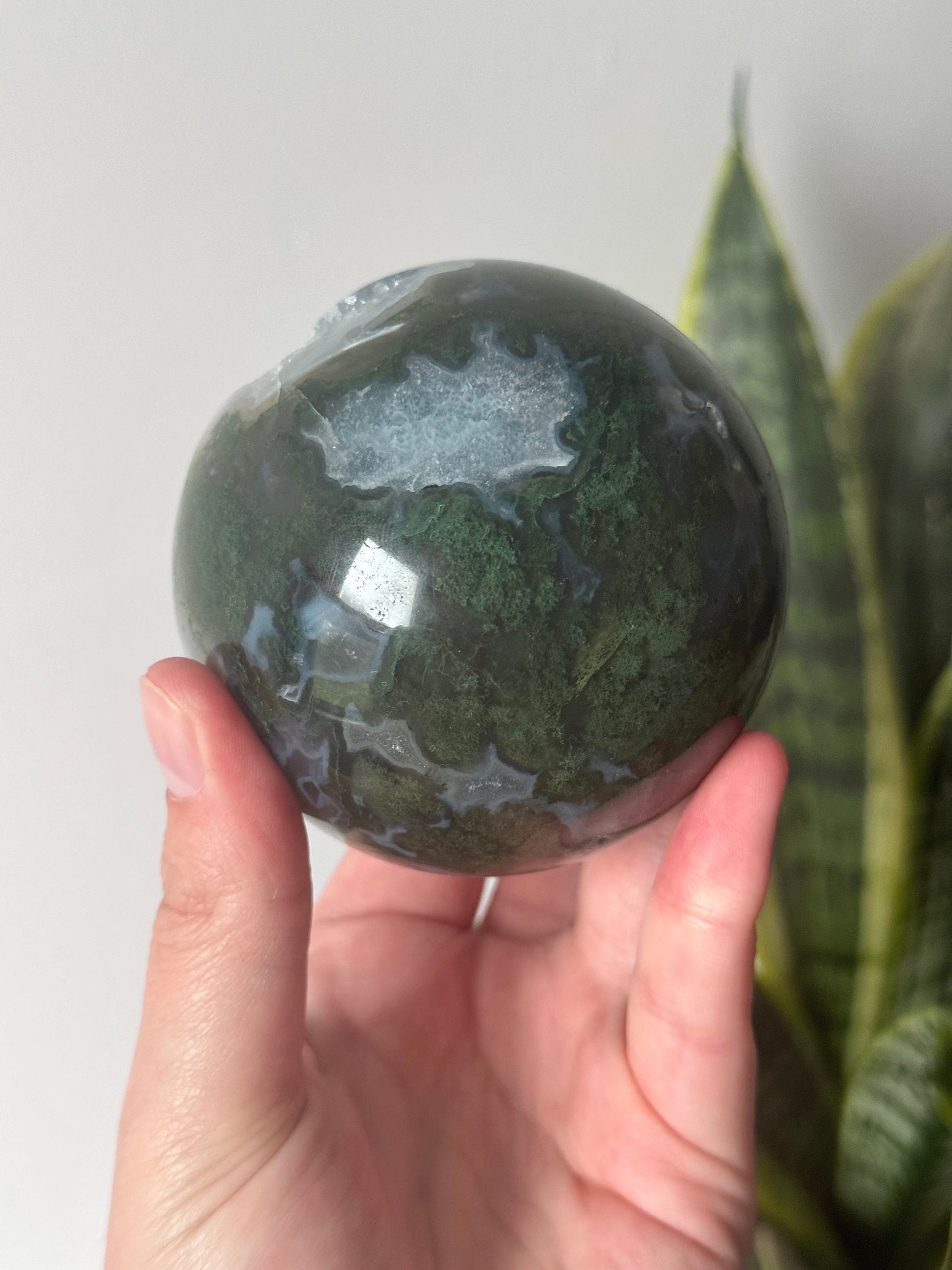 Beautiful Druzy Moss Agate Sphere 76mm | Moss Agate Crystal Ball