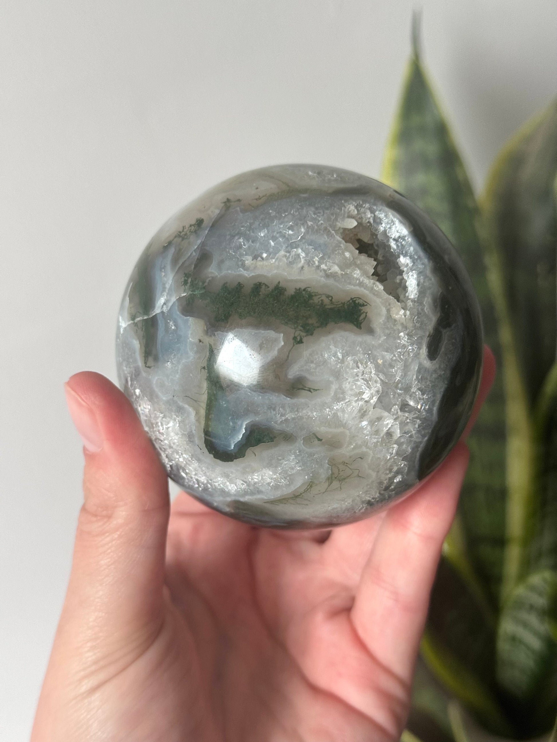 Beautiful Druzy Moss Agate Sphere 76mm | Moss Agate Crystal Ball