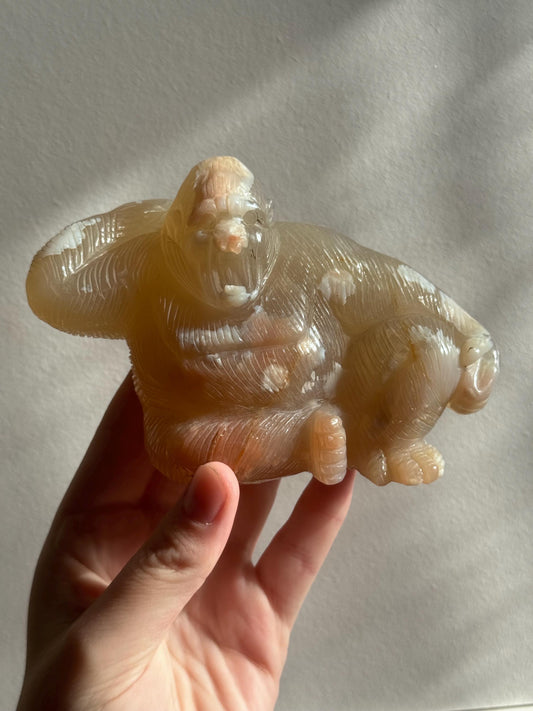 Beautiful Hand Carved Flower Agate Orangatang | Flower Agate Monkey Figurine
