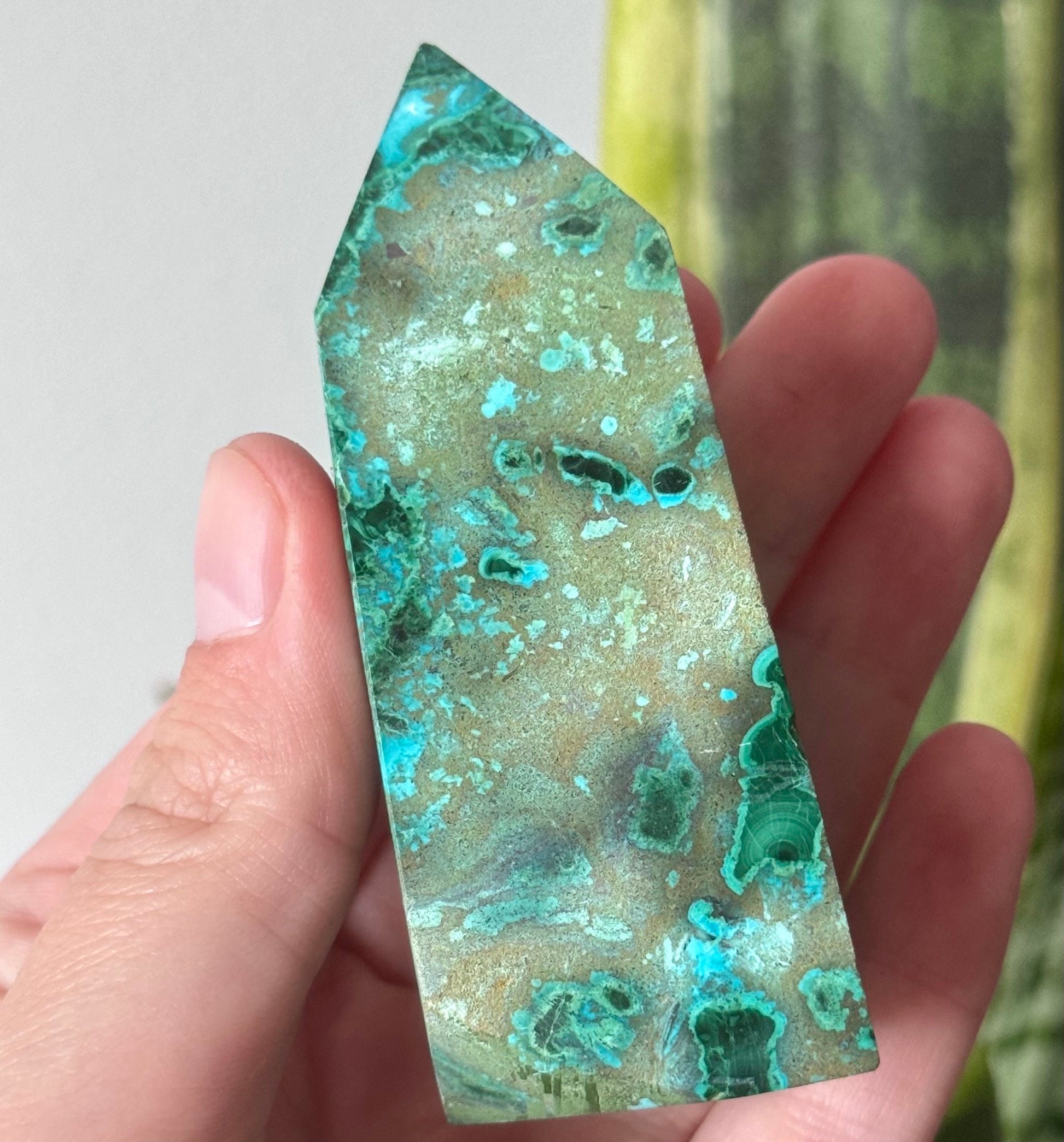 Beautiful Malachola Obelisk | Chrysocolla with Malachite Point with Cave