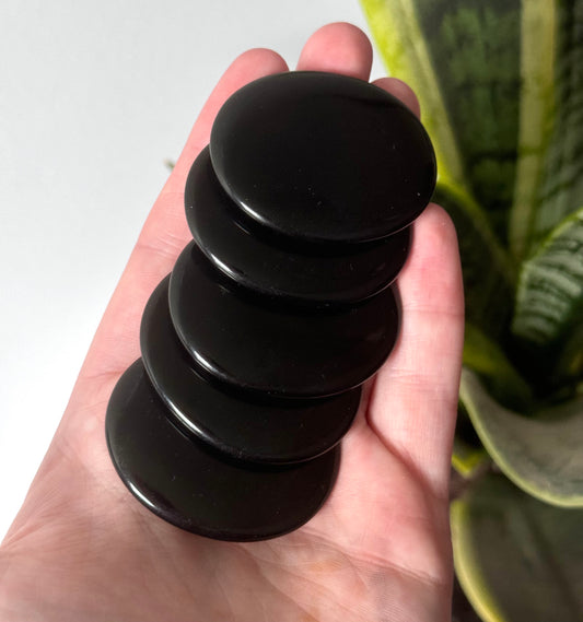 Beautiful Black Obsidian Flat Stones | Black Obsidian Round Palm Stone Pocket Stone Skipping Stone
