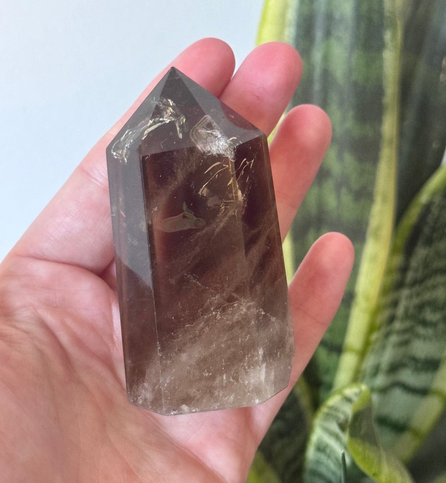 Beautiful Smoky Quartz Obelisk with Phantoms and Rainbow | Polished Smoky Quartz Tower with Rainbows