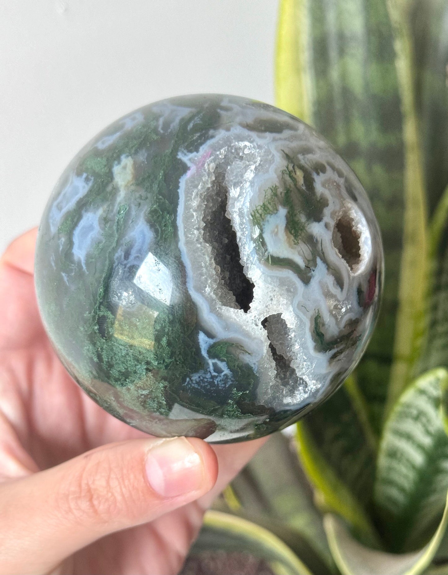 Beautiful Druzy Moss Agate Sphere 80mm | Moss Agate Crystal Ball