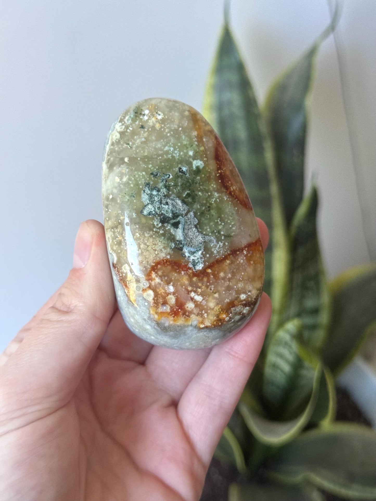 Beautiful Veinless Ocean Jasper Palm Stone from Madagascar