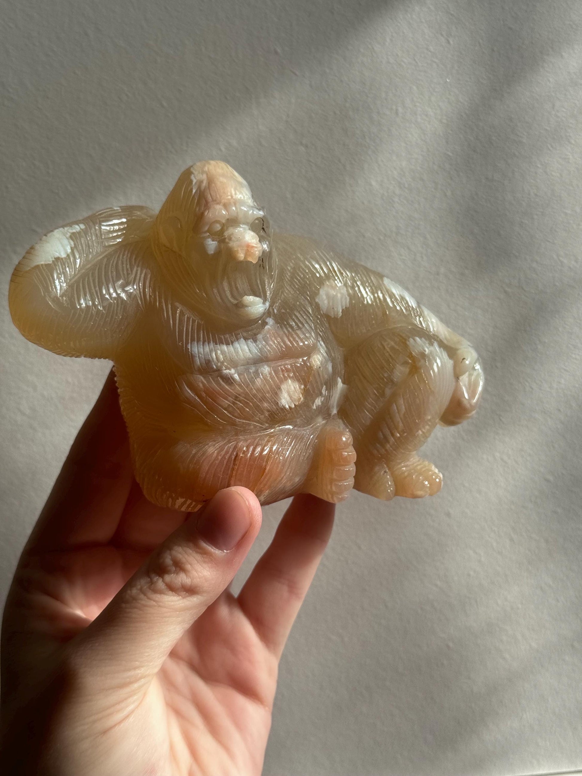 Beautiful Hand Carved Flower Agate Orangatang | Flower Agate Monkey Figurine