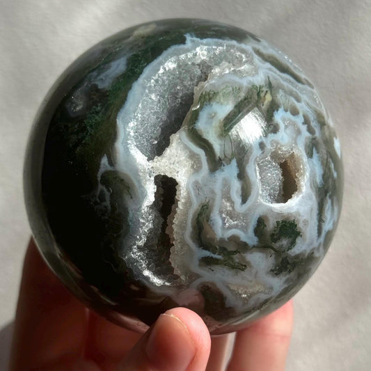 Beautiful Druzy Moss Agate Sphere 80mm | Moss Agate Crystal Ball