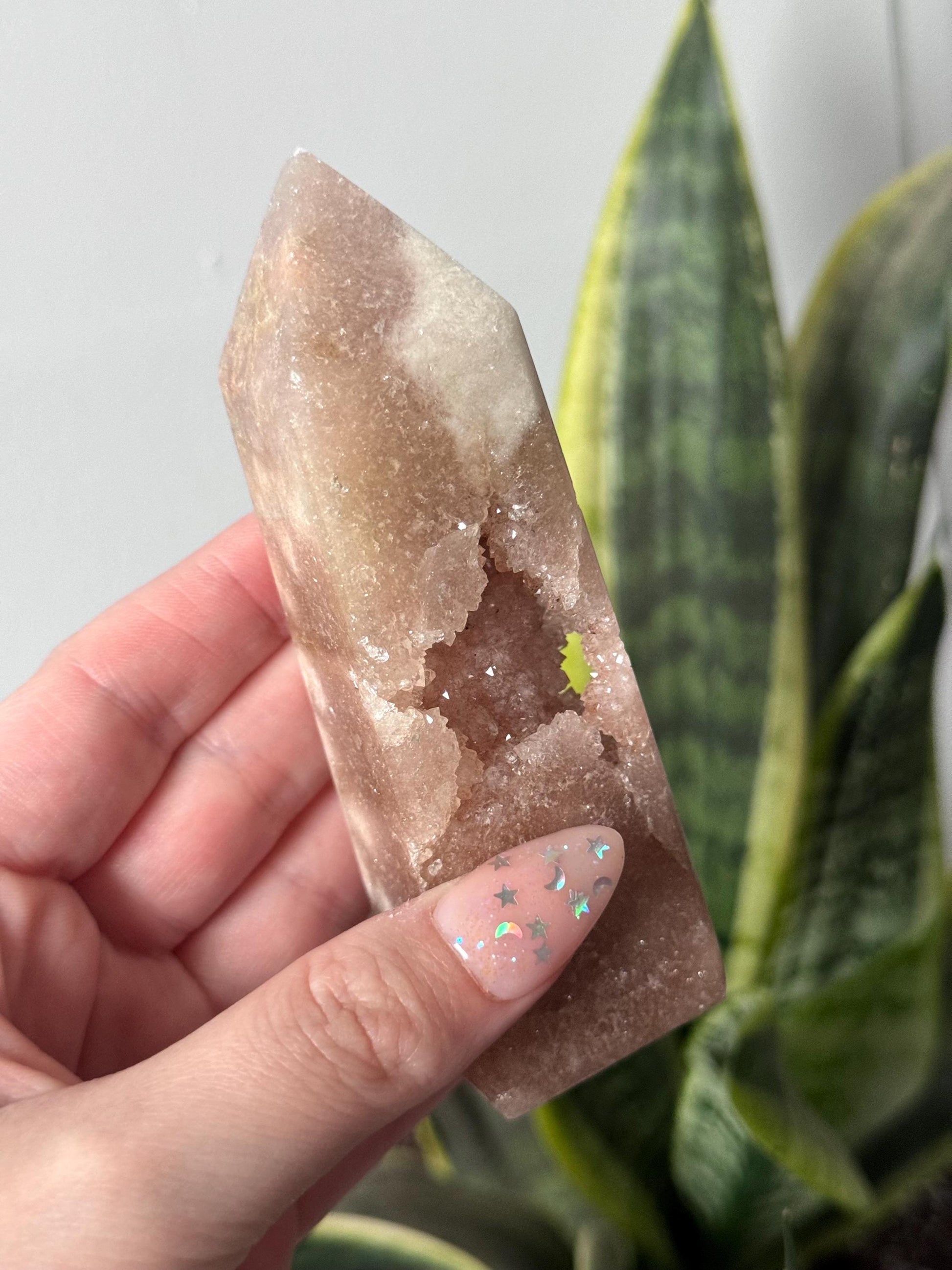 Pink Amethyst with Flower Agate Tower with Portal Druzy Pink Flower Amethyst Obelisk