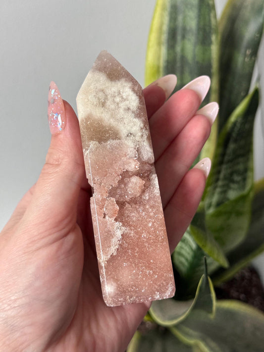Pink Amethyst with Flower Agate Tower with Portal Druzy Pink Flower Amethyst Obelisk