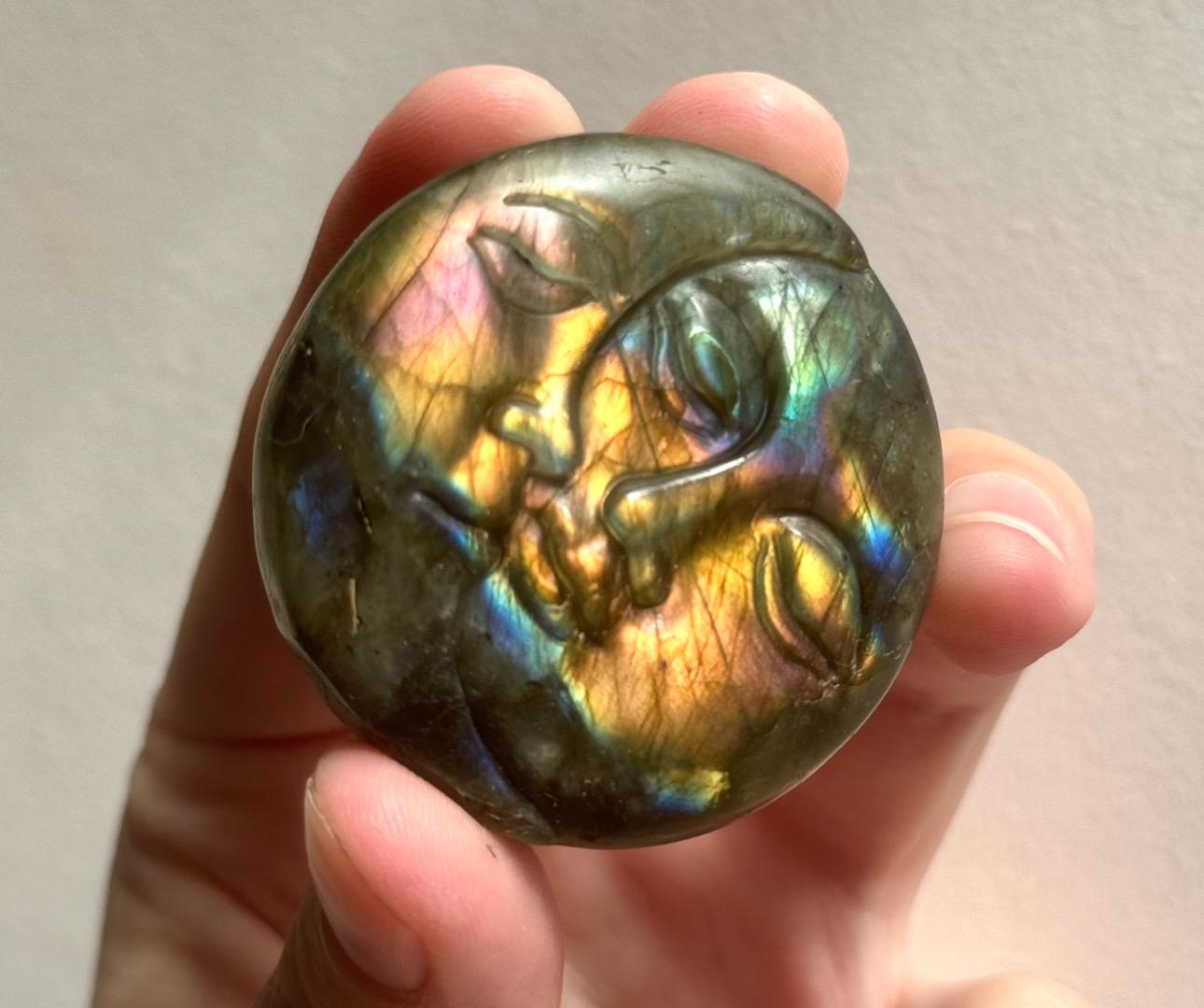 Beautiful Sunset Labradorite Sun & Moon Coins | One (1) Flashy Labradorite Sun With Moon Carving