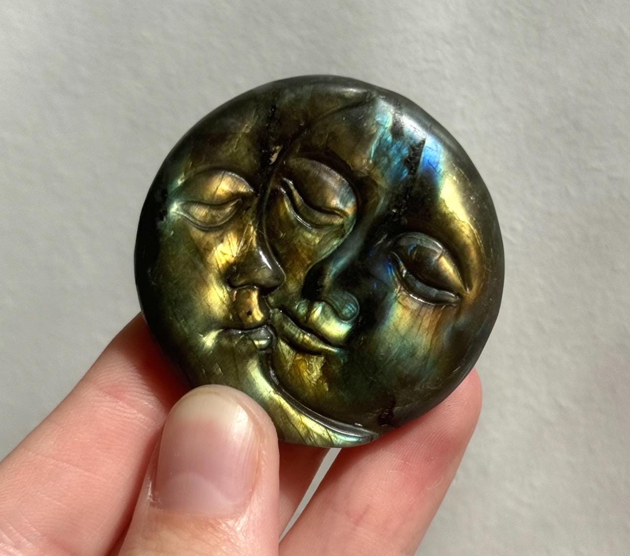 Beautiful Sunset Labradorite Sun & Moon Coins | One (1) Flashy Labradorite Sun With Moon Carving