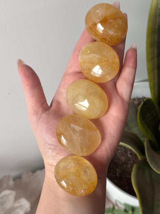 Beautiful Golden Healer Palm Stones | Hematoid in Quartz Palmstone