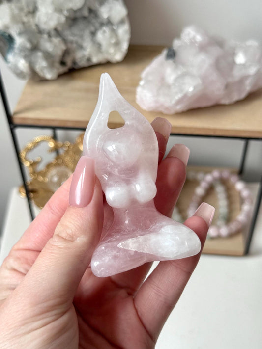 Beautiful Rose Quartz Yoga Pose Goddess Figurine | Meditating Pose Crystal Carving