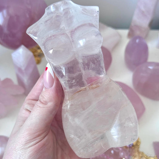 XL Stunning Rose Quartz Goddess Carving | Transparent Rose Quartz Lady Body Statue Female Torso