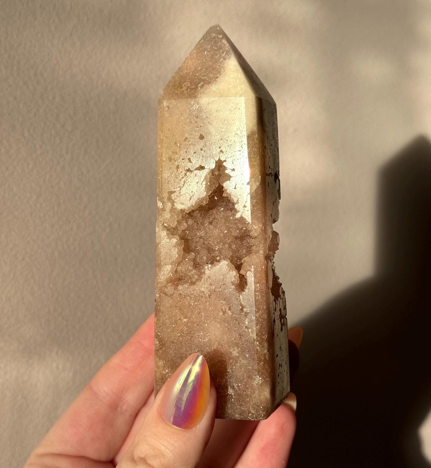 Pink Amethyst with Flower Agate Tower with Portal Druzy Pink Flower Amethyst Obelisk