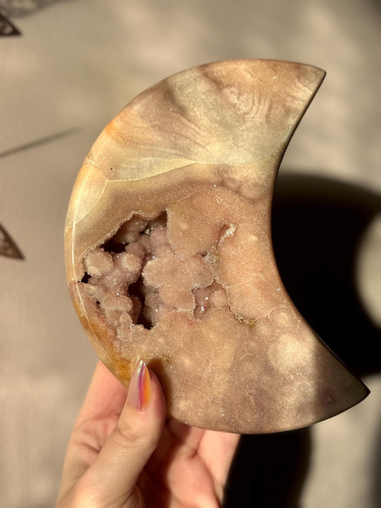 Gorgeous Large Druzy Pink Amethyst Crescent Moon with Display Stand from Brazil