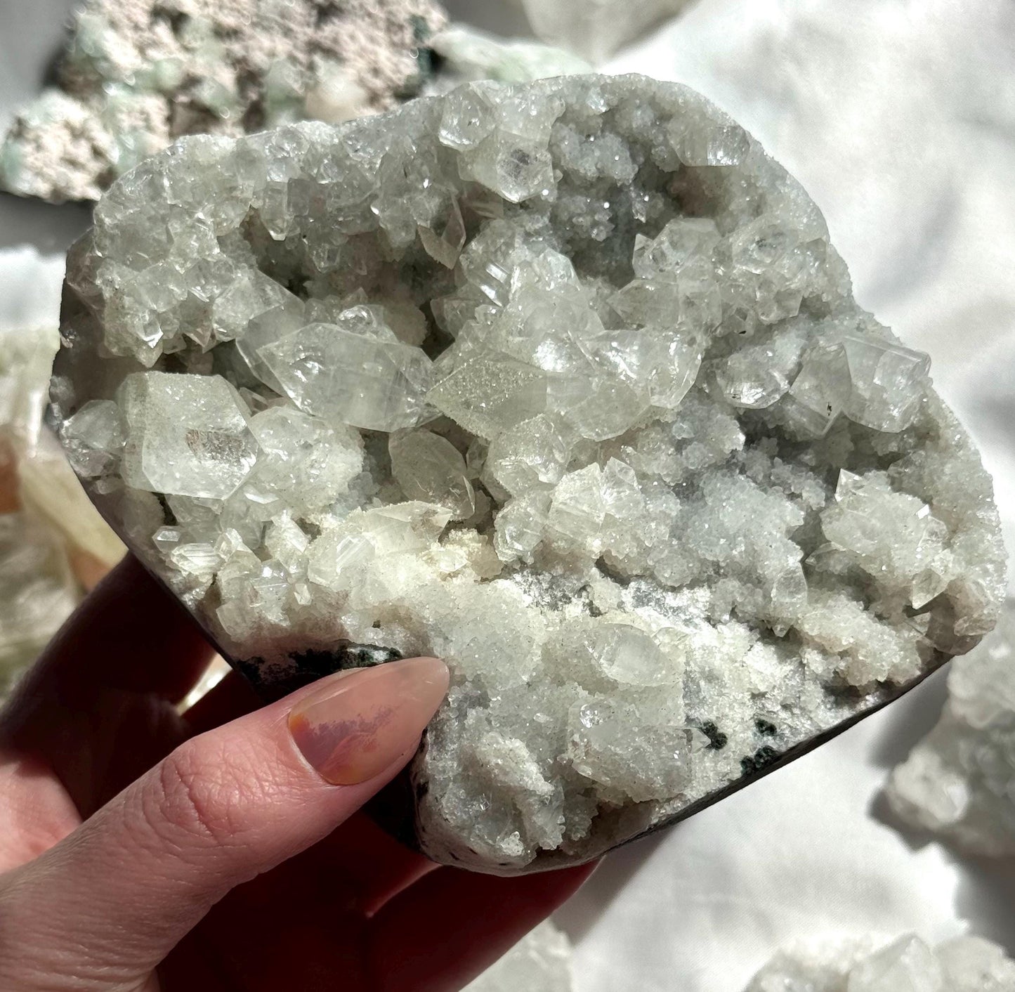Gorgeous Raw Apophyllite on Chalcedony Cluster from India