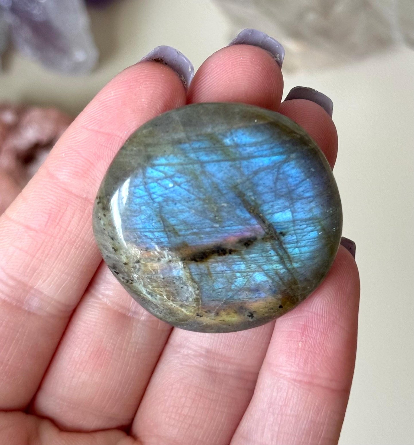 Stunning Purple Labradorite Coin | Sunset Labradorite Palm Stone with Purple & Blue Flash