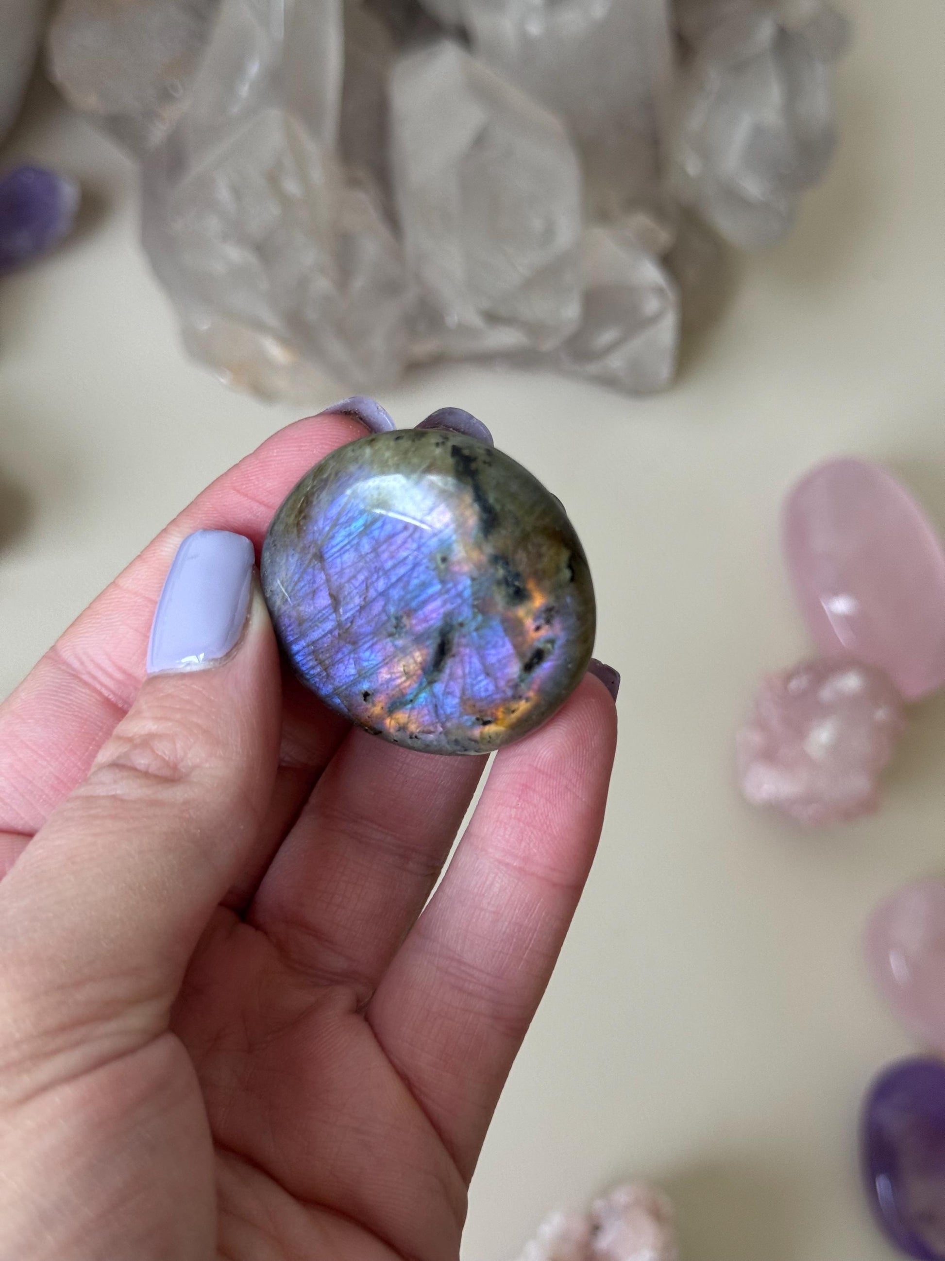Stunning Purple Labradorite Coin | Sunset Labradorite Palm Stone with Purple & Blue Flash