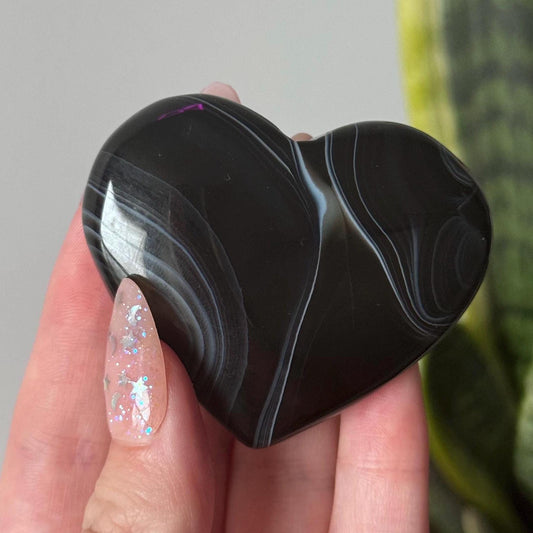 Beautiful Banded Black Agate Puffy Heart Carving from Mexico