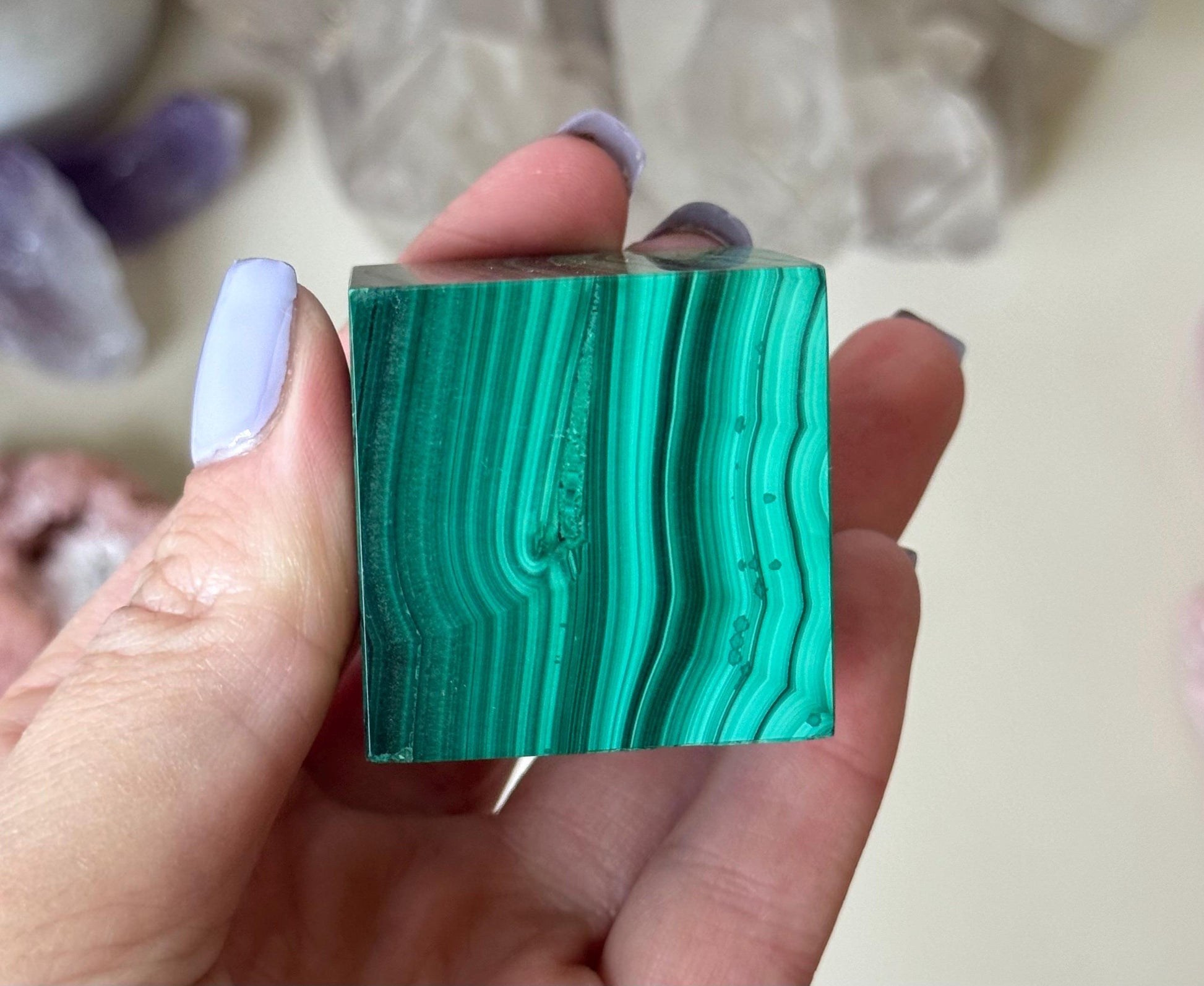 Beautiful Malachite Cube | Banded Malachite Tilted Cube Polished