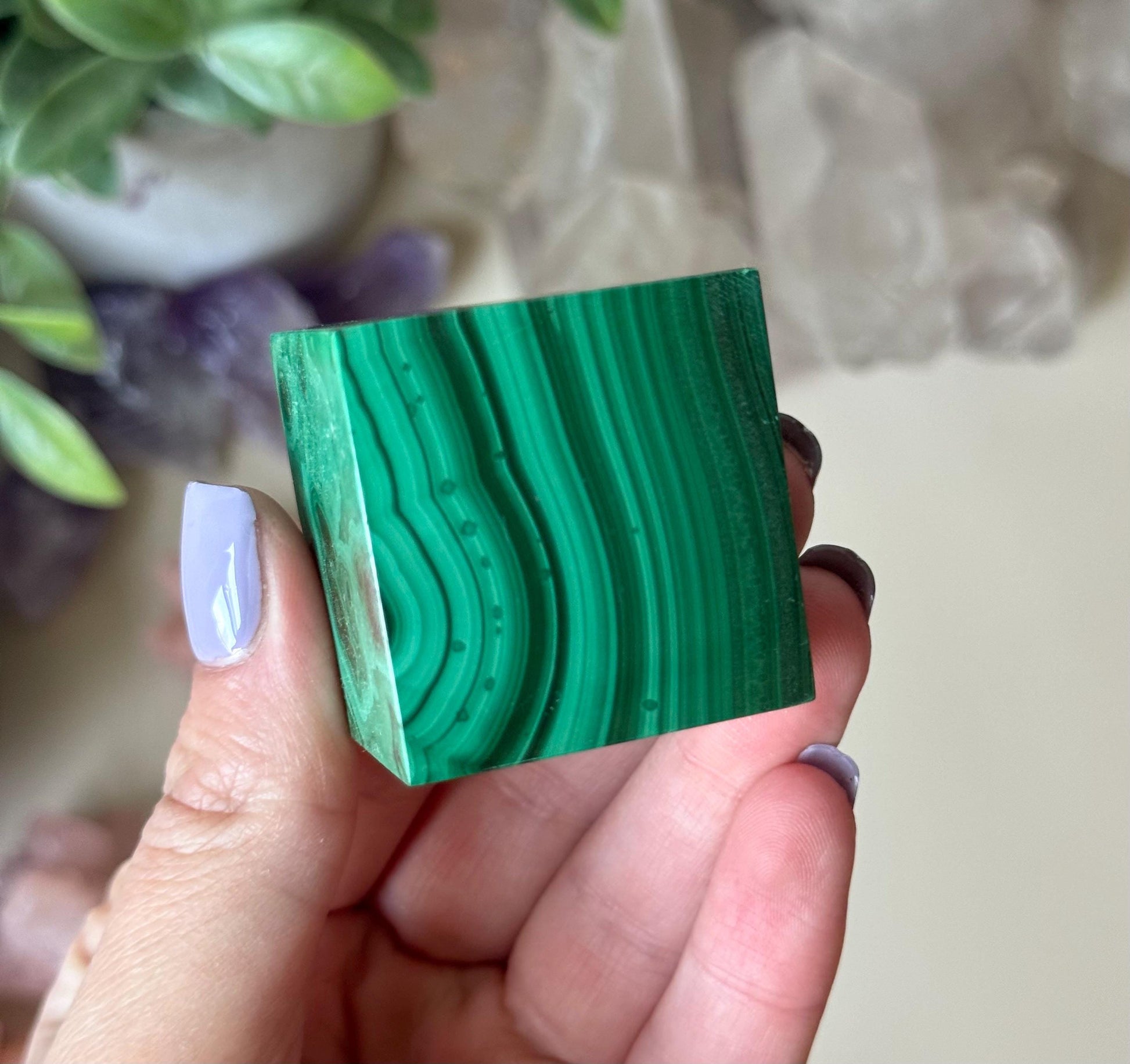 Beautiful Malachite Cube | Banded Malachite Tilted Cube Polished